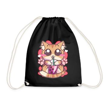 Kitten Drinking Boba Tea Kawaii Anime - Drawstring Bag - black - Front