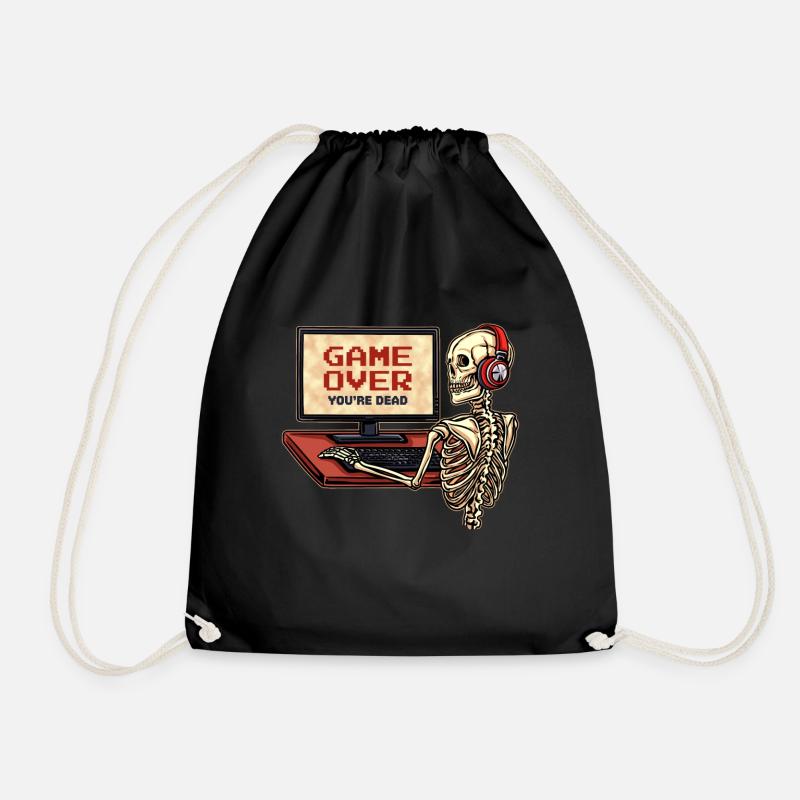 Skeleton Gamer Game Over Gaming Arcade - Drawstring Bag - black