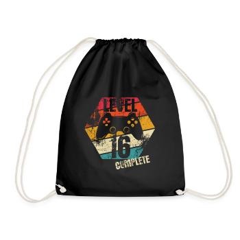 Level 16 Complete - Gamer - Birthday - Gift - Drawstring Bag - black - Front