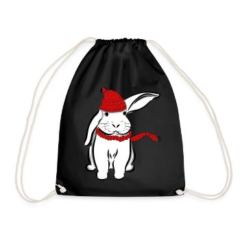 Rabbit Bunny Hat scarf ear Hare - Drawstring Bag - black - Front