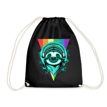 Sloth with headphones & rainbow - Drawstring Bag - black - Front