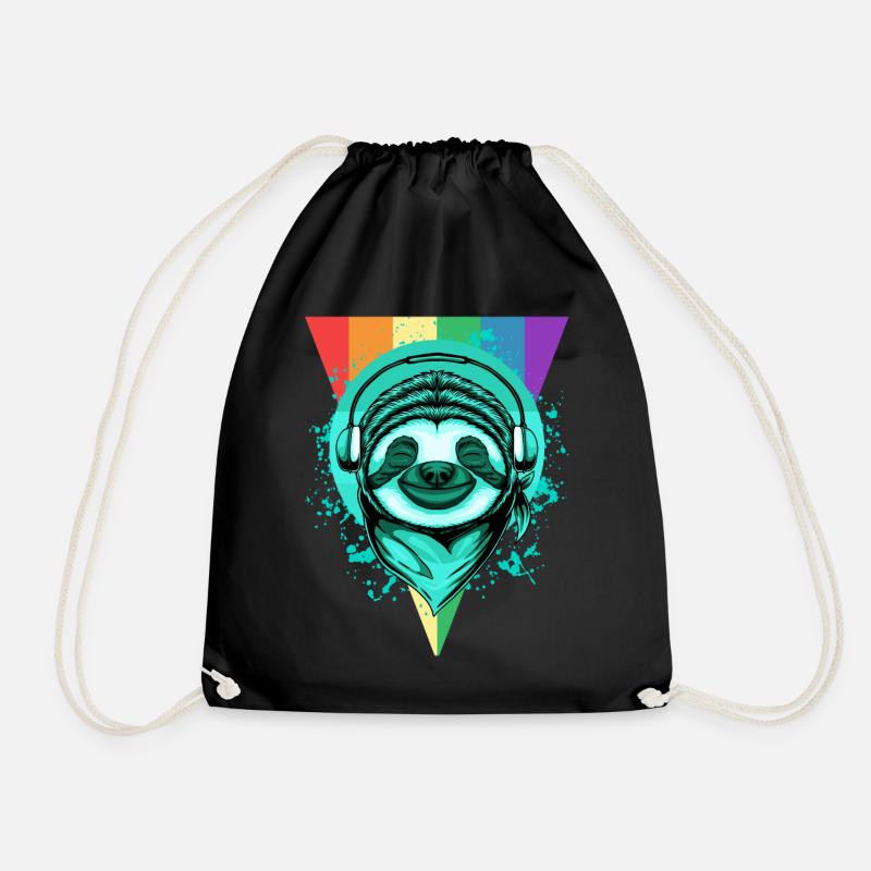 Faultier mit Kopfhörern & Regenbogen - Turnbeutel - Schwarz