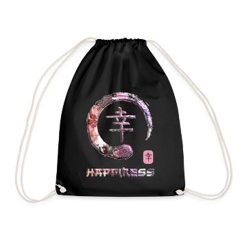Happiness Japanese Kanji Word Symbol Enso Circle 4 - Drawstring Bag - black - Front