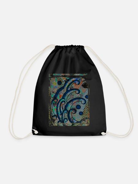 Japanese Great Wave Floral Pattern Collage Art 85 - Drawstring Bag - black
