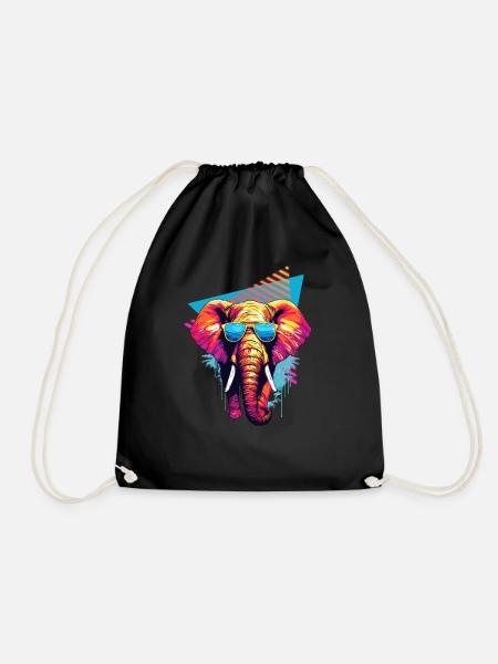 Elephant with sunglasses 80s style - Drawstring Bag - black
