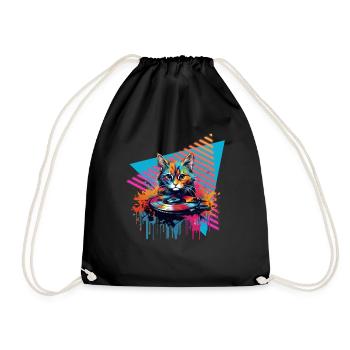 Cat Vinyl Record 80s Style - Drawstring Bag - black - Front