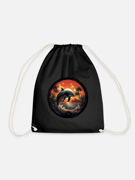 Dolphin Jumping in Sunset - Drawstring Bag - black