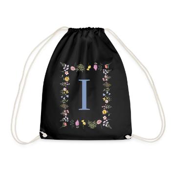Florale Initial "I" Blumenmonogramm - Turnbeutel - Schwarz - Vorne