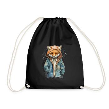 Fox wearing a watercolor jacket - Drawstring Bag - black - Front
