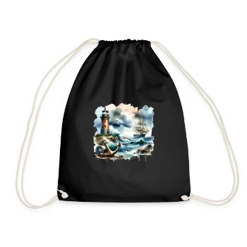 Nautical Motif Retro Anchor Lighthouse Ship - Drawstring Bag - black - Front