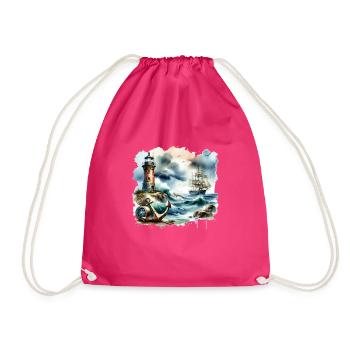 Nautical Motif Retro Anchor Lighthouse Ship - Drawstring Bag - fuchsia - Front