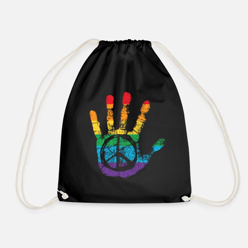 Peace Sign Rainbow Hand Print - Drawstring Bag - black