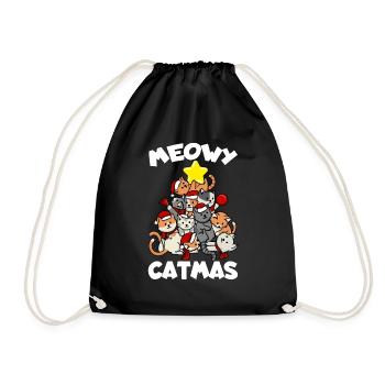 Cat Christmas Cats Tree Meowy Catmas Funny - Drawstring Bag - black - Front