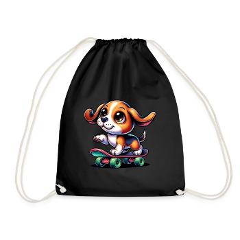 Beagle Skateboarder Comic Cartoon Dog - Drawstring Bag - black - Front