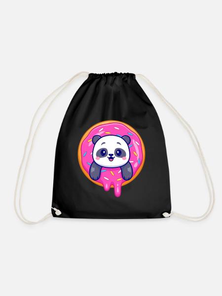 Cute panda baby and a cute dounate - Drawstring Bag - black