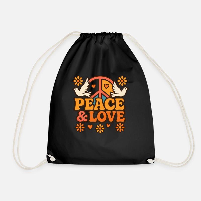 Retro Hippie Design mit Tauben und Peace Symbol - Turnbeutel - Schwarz