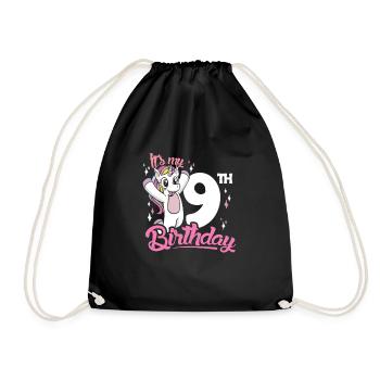 9th Birthday Kids Unicorn Nine Birthday - Drawstring Bag - black - Front