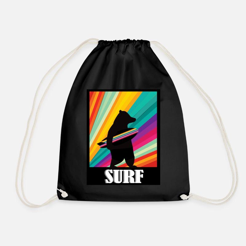 Surfer Bear Surfing Vintage Retro - Drawstring Bag - black