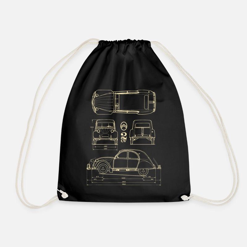 Citroën 2CV Size Specifications Blueprint - Drawstring Bag - black