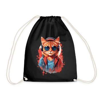 Cat tabby headphones sunglasses cute cute - Drawstring Bag - black - Front