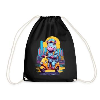 Hippopotamus on Scooter - Drawstring Bag - black - Front