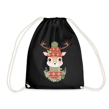 cute deer with sweater, bobble hat & wreath - Drawstring Bag - black - Front