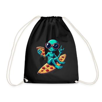 Alien alien surfer surfing pizza - Drawstring Bag - black - Front