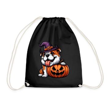 Cute Bulldog Halloween Cartoon Pumpkin - Drawstring Bag - black - Front