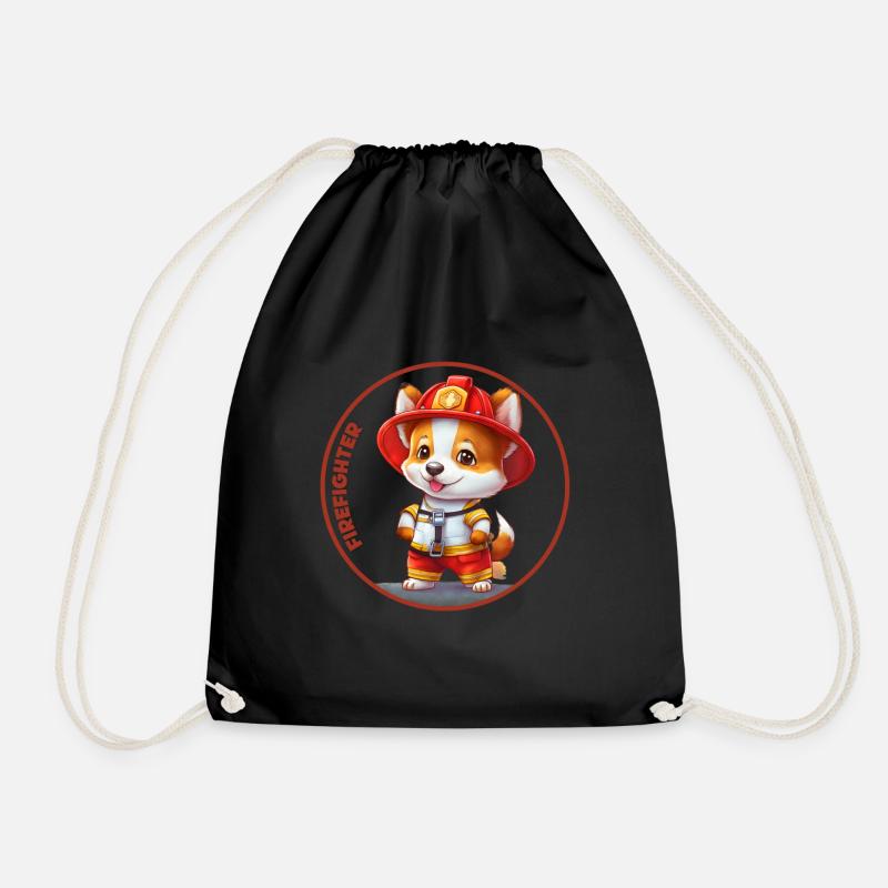 Firefighter, sweet corgi - Drawstring Bag - black