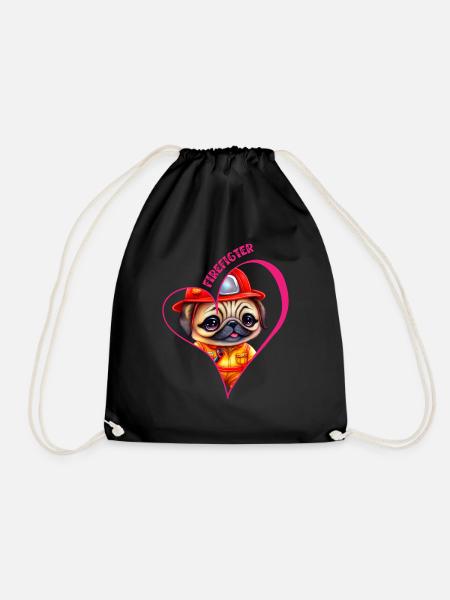 Firefighter, pug love - Drawstring Bag - black