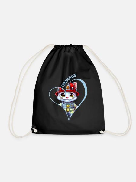 Firefighter, sweet cat - Drawstring Bag - black