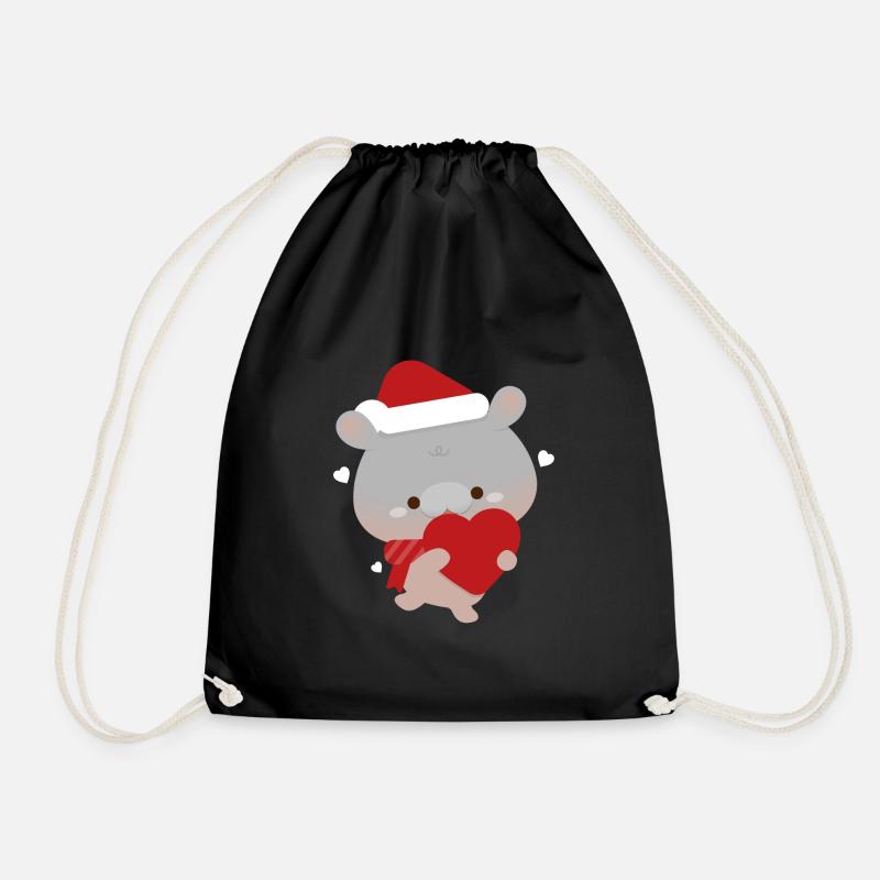 Moo Deng Pygmy Hippo Christmas Love - Drawstring Bag - black