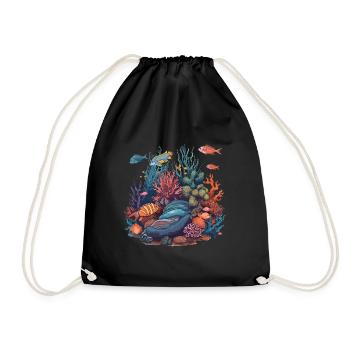 Fish Corals Sea Ocean Marine Life Animals - Drawstring Bag - black - Front