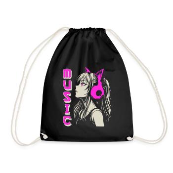 Fille d’anime avec des écouteurs de musique - Style rose - Sac de sport léger - noir - Devant