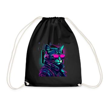 Cyberpunk Cat with Sunglasses - Drawstring Bag - black - Front