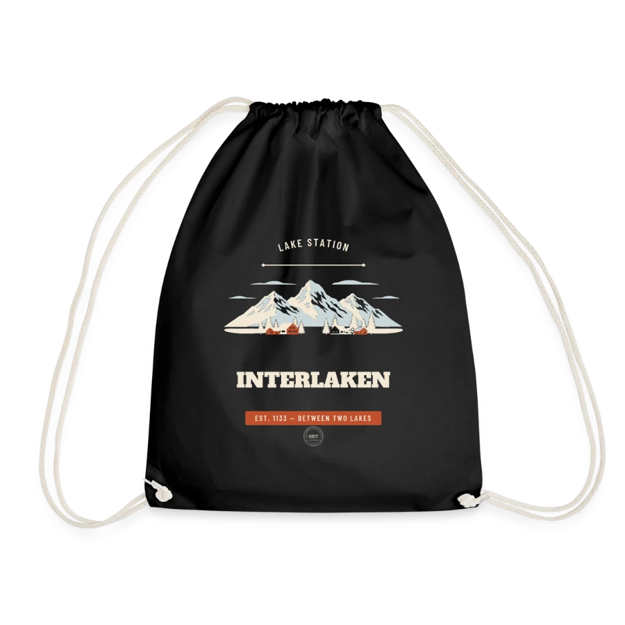 Interlaken badge on a drawstring bag, black