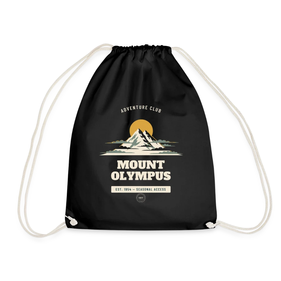 Mount Olympus badge on a drawstring bag, black, front