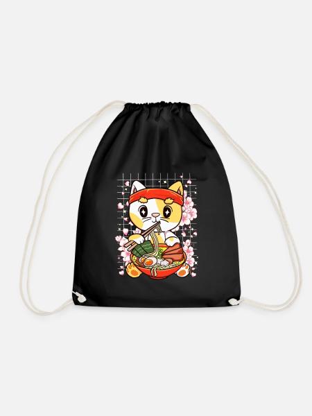 Kitten Eating Ramen Kawaii Anime - Drawstring Bag - black