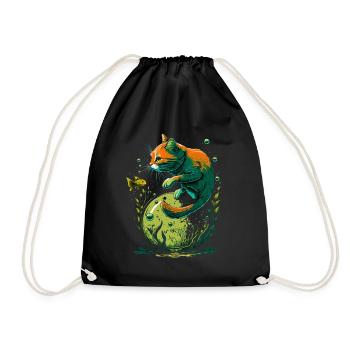 Fantasy Cat Playing with Gold Fish - Drawstring Bag - black - Front