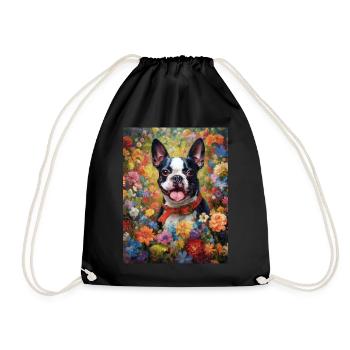 Boston Terrier Among Flowers as Painting Art - Drawstring Bag - black - Front