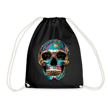 Tête de mort, métallique, paillettes, rivets, or, argent - Sac de sport léger - noir - Devant