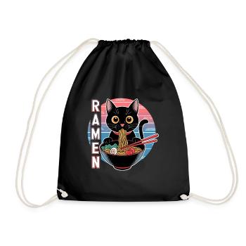 Hungrige Katze Ramen Fan Suppe Nudeln Japan Anime - Turnbeutel - Schwarz - Vorne