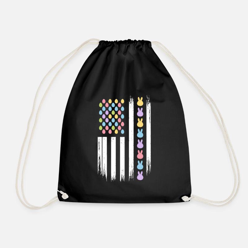 Easter Eggs Bunnies American Flag - Drawstring Bag - black