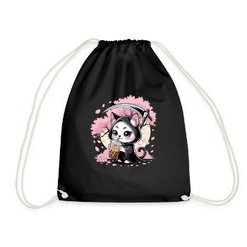 Grim Reaper Anime Cat Cherry Blossom - Drawstring Bag - black - Front