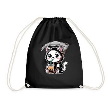 Grim Reaper Anime Cat Cherry Blossom - Drawstring Bag - black - Front