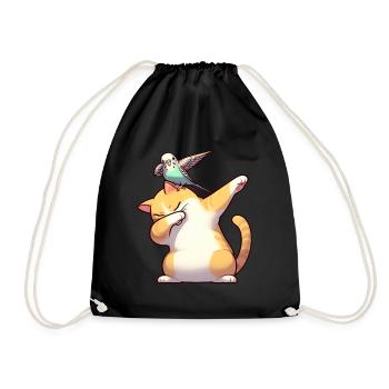 Cat and budgie dabbing cute - Drawstring Bag - black - Front