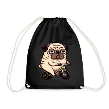 Funny Pug Dog on Bicycle Tricycle Balance Bike - Drawstring Bag - black - Front