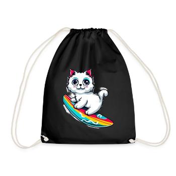 White cat on colorful surfboard - Drawstring Bag - black - Front