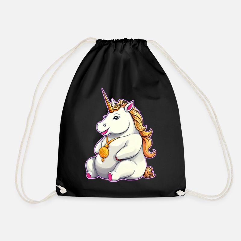 Cute fat unicorn - Drawstring Bag - black