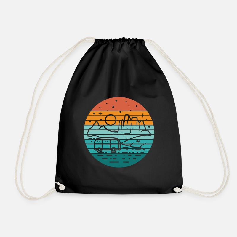 Retro Camper Bus Caravan Vintage Camper Graphic - Drawstring Bag - black